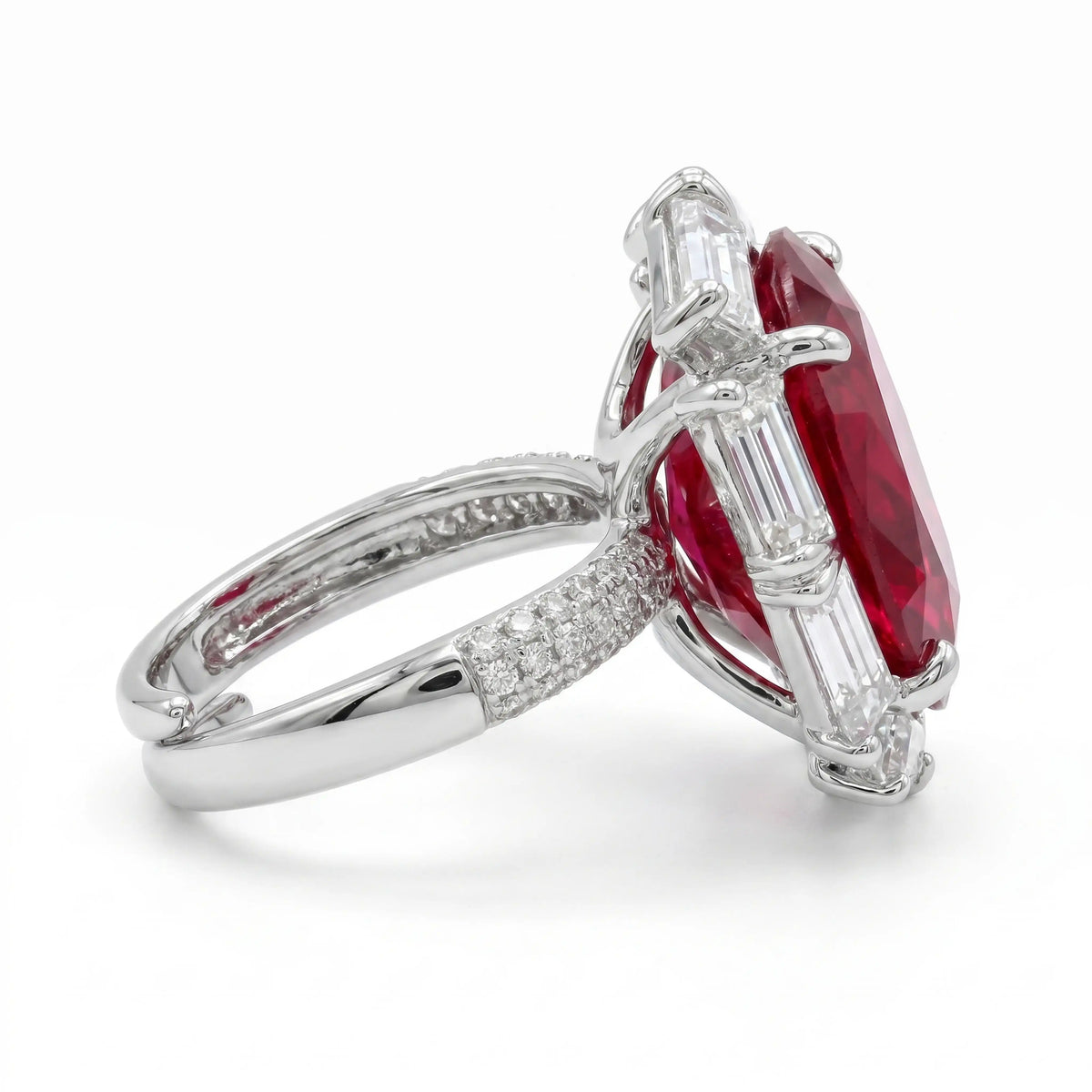 Noctis Red Ruby CZ Oval Cocktail Ring, Rhodium finish