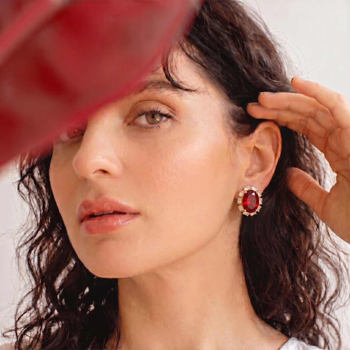 Rouge Oval Crystal Halo Stud Earrings, Gold finish