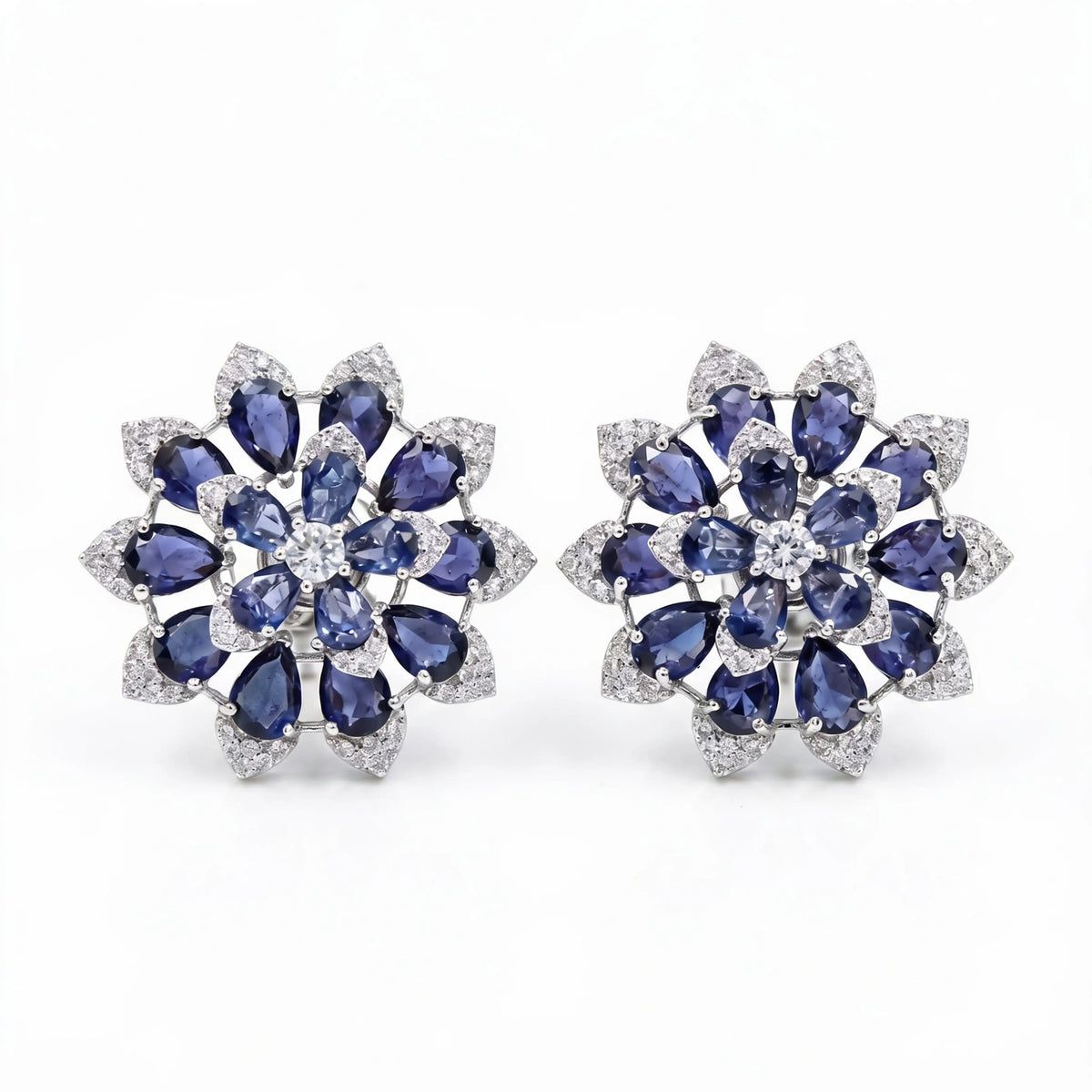 White Crystal Pear Cluster Flower Stud Earrings, Rhodium finish