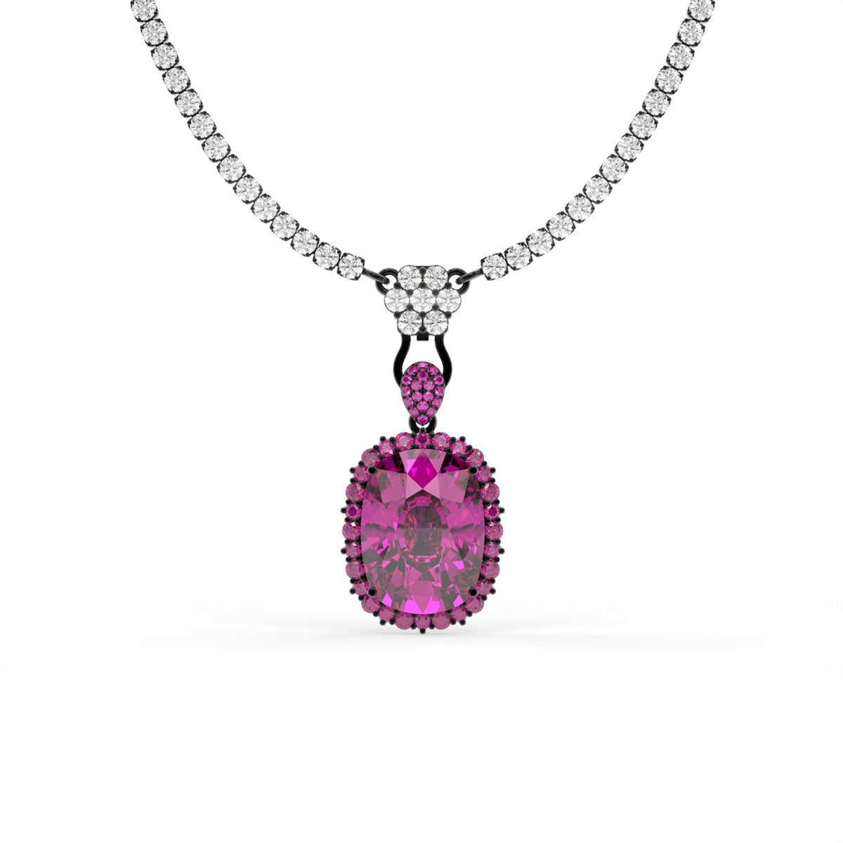 Rebecca Ruthenium Pink Crystal Cushion Pendant Tennis Necklace, Black Rhodium finish