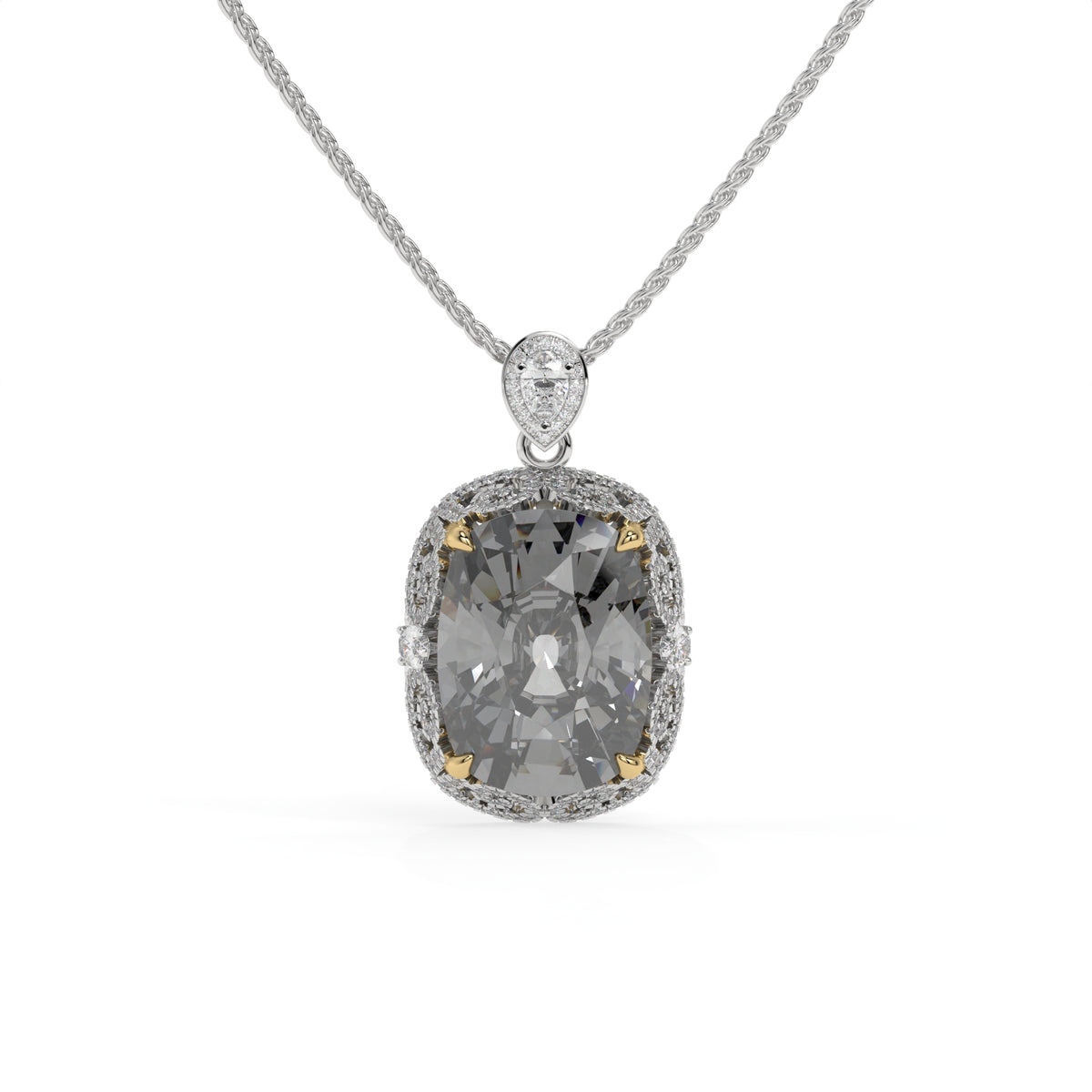Duetta Grey Crystal Cushion Halo Pendant Necklace, Gold & Rhodium finish