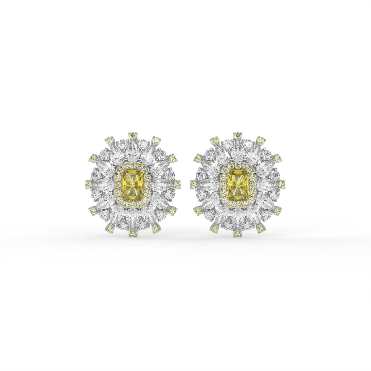Starburst Emerald-Cut Halo Stud Earrings