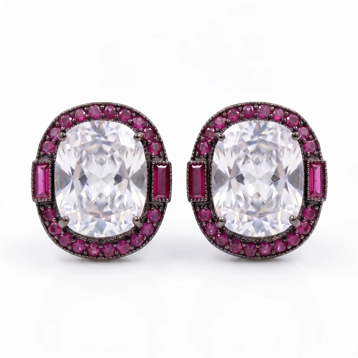 Oval Solitaire Ruby Halo Stud Earrings