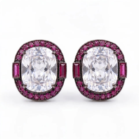 Cadence Oval Solitaire Ruby Halo Stud Earrings