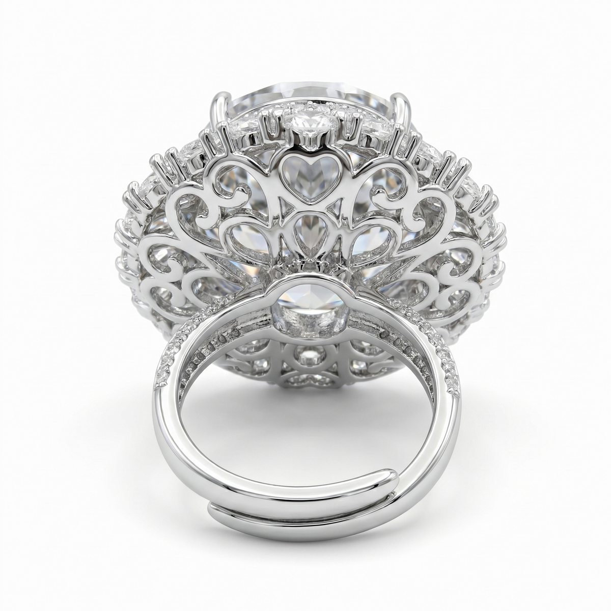 Grey Crystal Oval Halo Statement Cocktail Ring, Rhodium finish