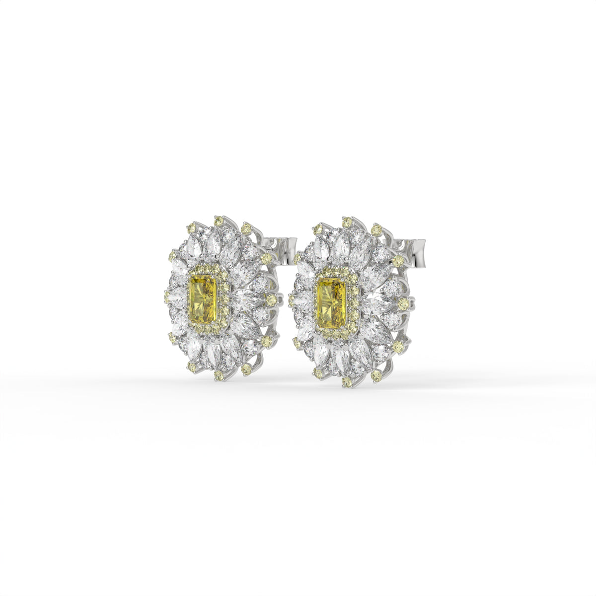 Starburst Emerald-Cut Halo Stud Earrings