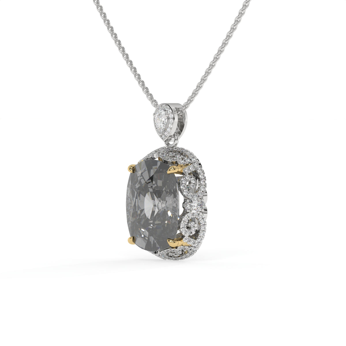 Duetta Grey Crystal Cushion Halo Pendant Necklace, Gold & Rhodium finish