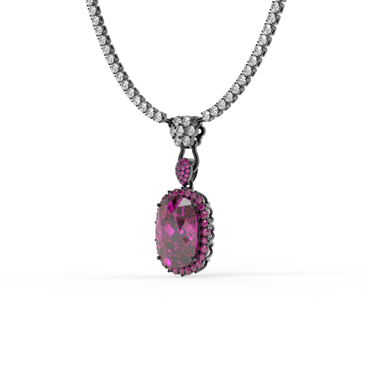 Rebecca Ruthenium Pink Crystal Cushion Pendant Tennis Necklace, Black Rhodium finish
