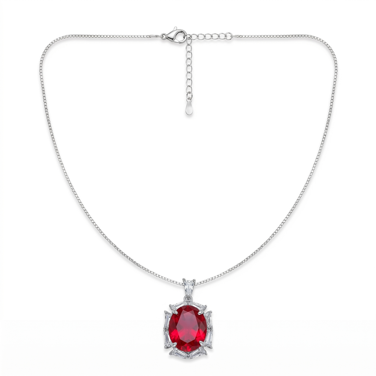 Noctis Rhodium Plated Red Ruby CZ Oval Pendant Necklace