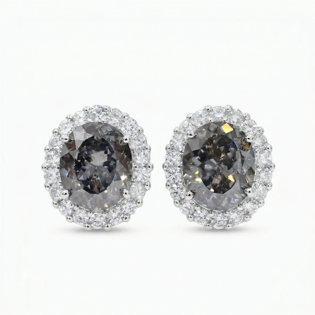 Diana Grey Crystal Oval Halo Stud Earrings, Rhodium finish