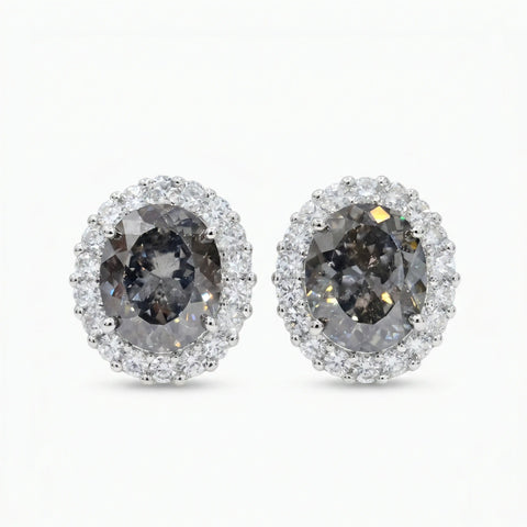 Diana Grey Crystal Oval Halo Stud Earrings, Rhodium finish