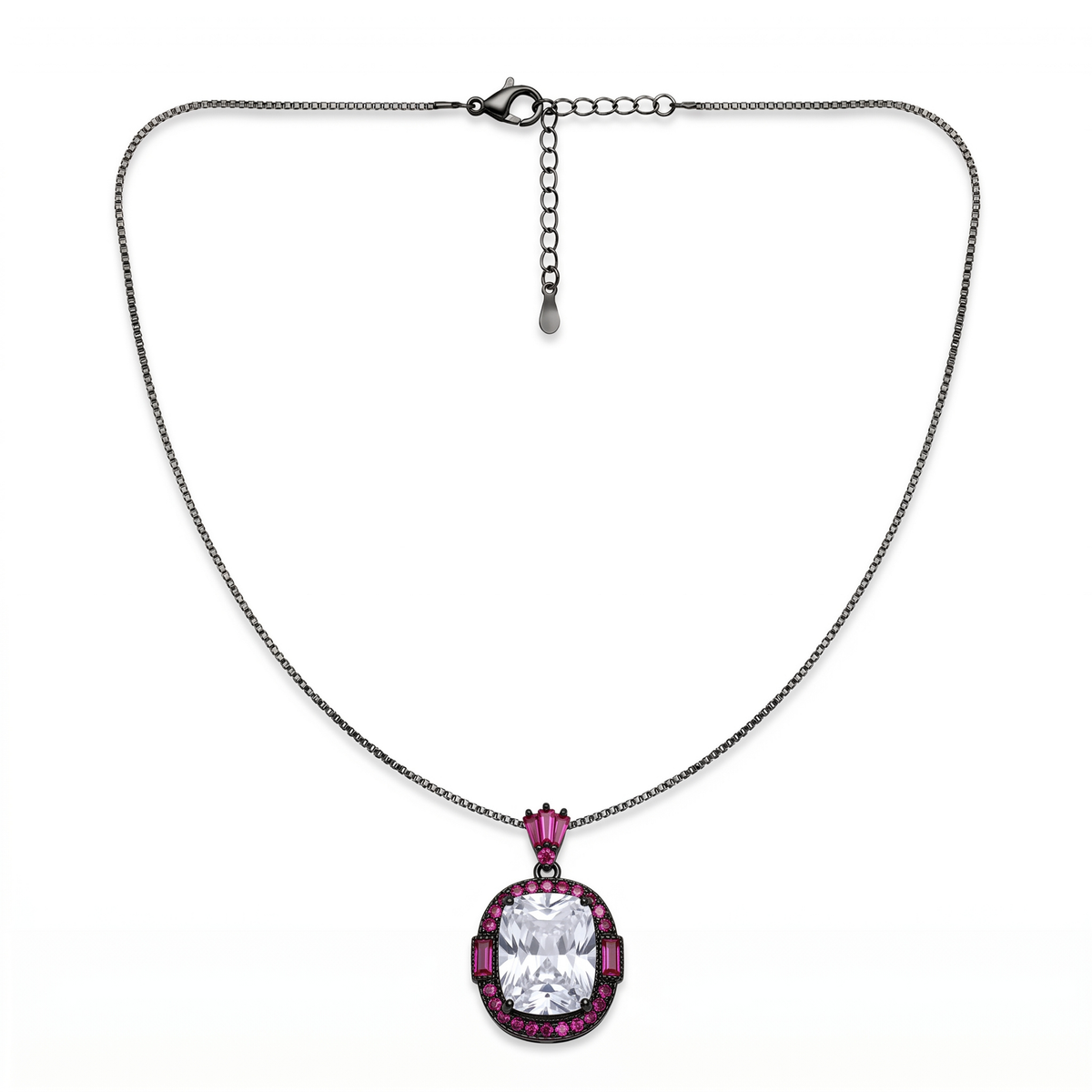Cadence White & Pink Crystal Cushion Halo Pendant Necklace, Black Rhodium finish