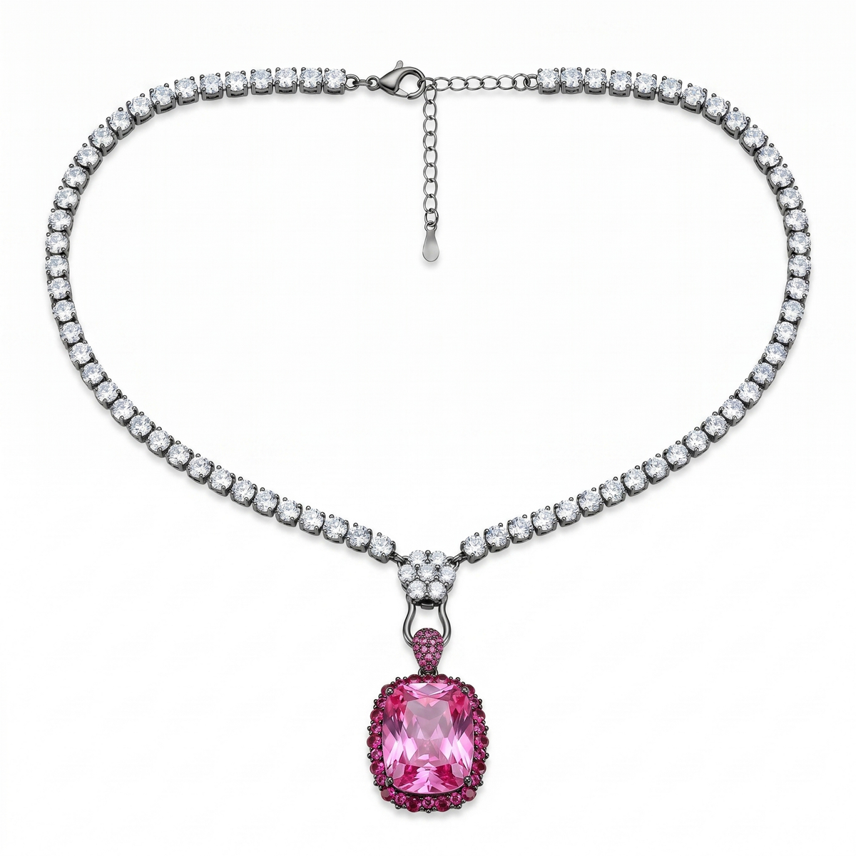 Rebecca Ruthenium Pink Crystal Cushion Pendant Tennis Necklace, Black Rhodium finish