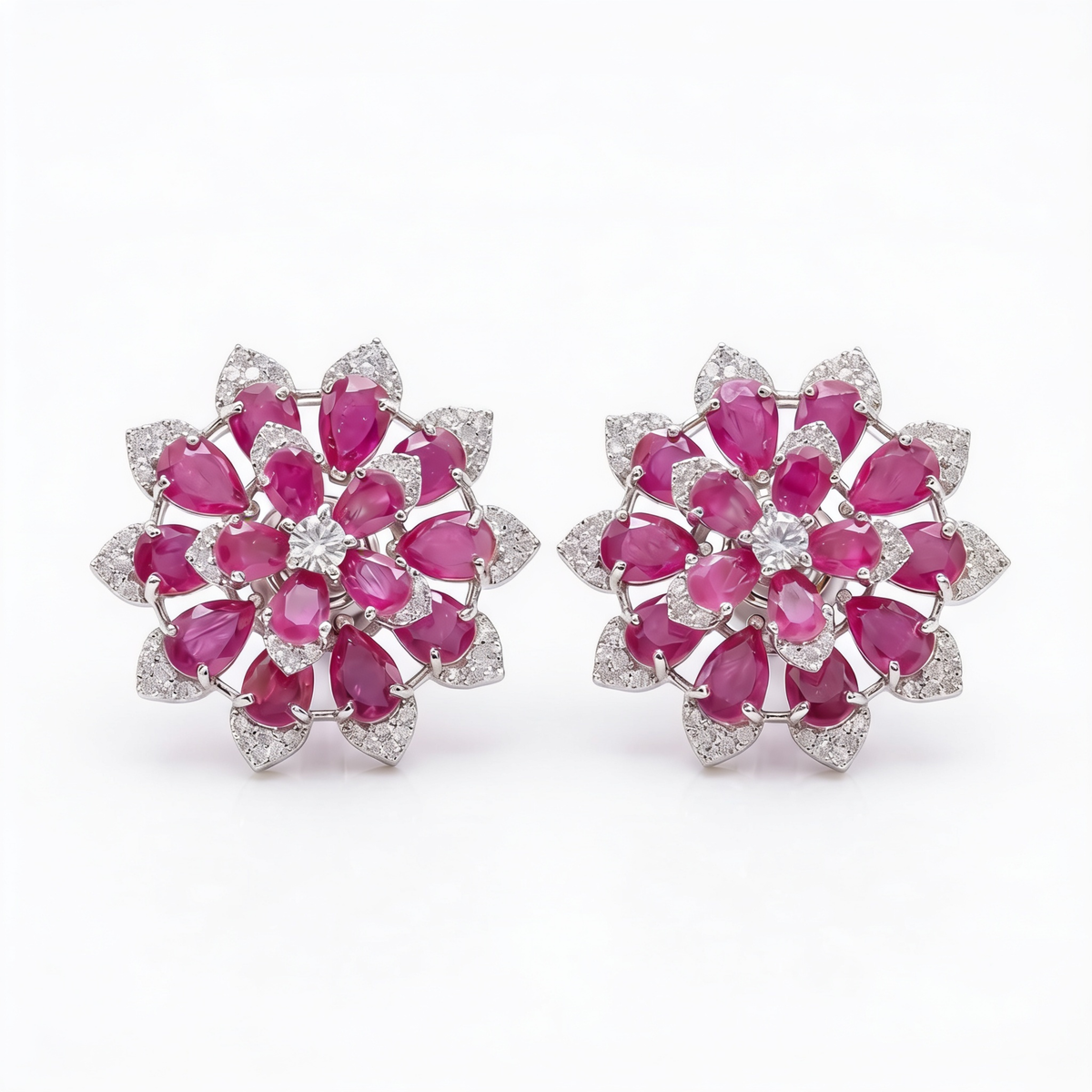 White Crystal Pear Cluster Flower Stud Earrings, Rhodium finish