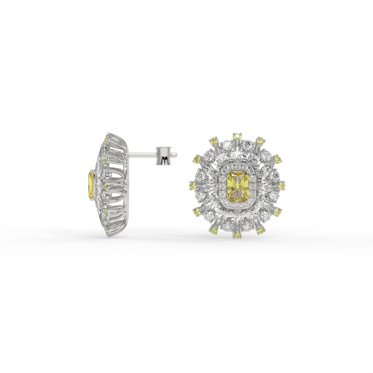 Starburst Emerald-Cut Halo Stud Earrings