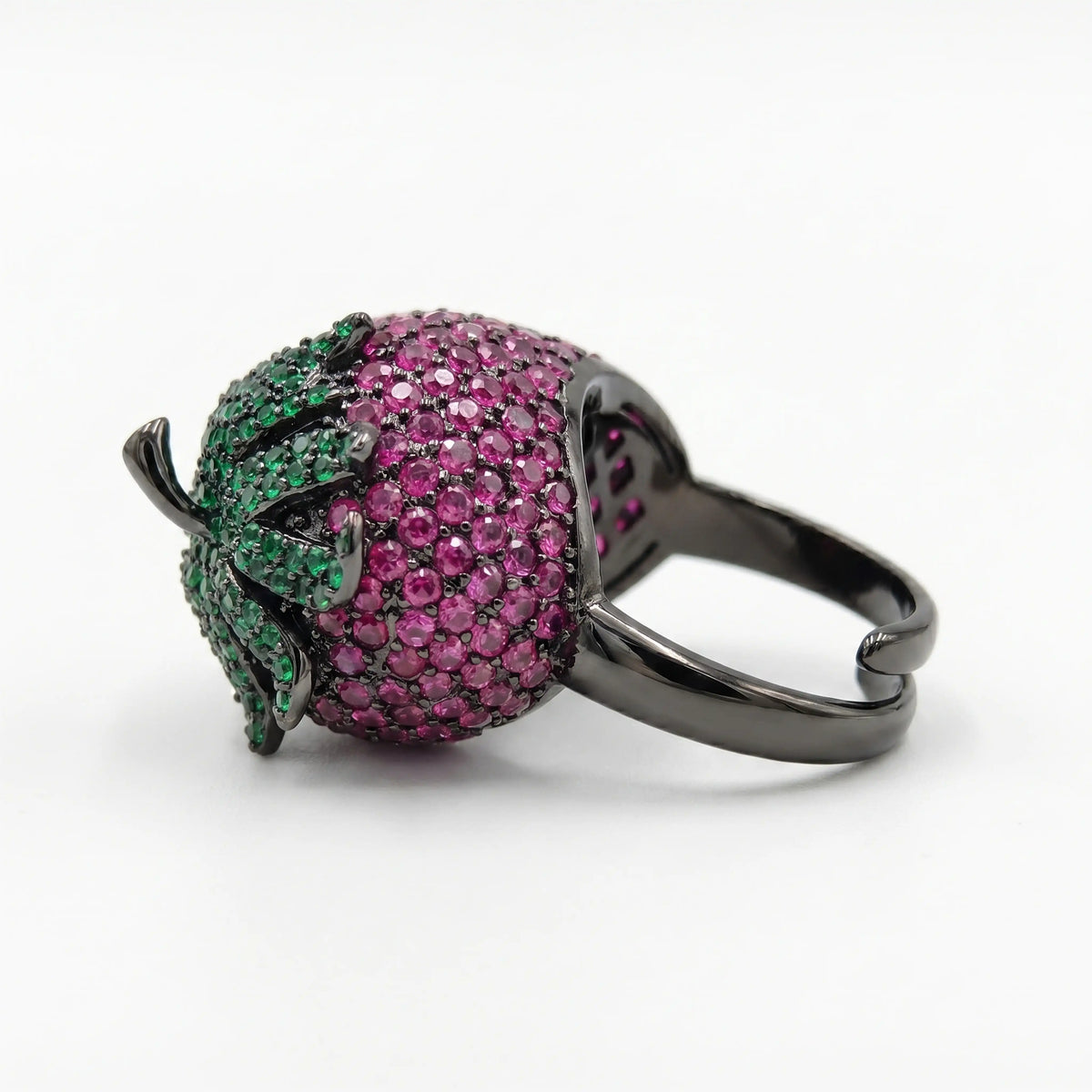 Botanica Pink & Green Crystal Strawberry Dome Cocktail Ring, Black Ruthenium finish