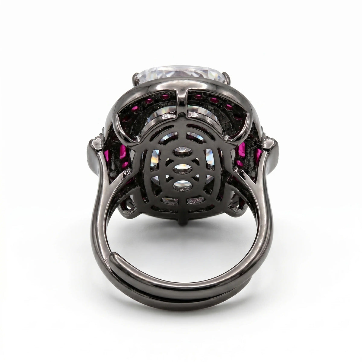 Cadence White Crystal Oval Cocktail Ring with Ruby Halo, Black Rhodium finish