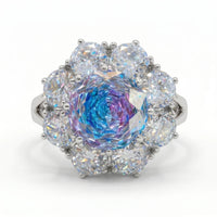 Aurora Crystal Cushion Halo Cocktail Ring, Rhodium finish
