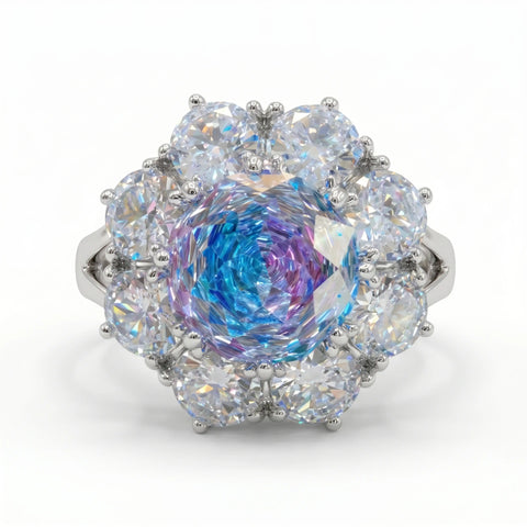 Aurora Crystal Cushion Halo Cocktail Ring, Rhodium finish