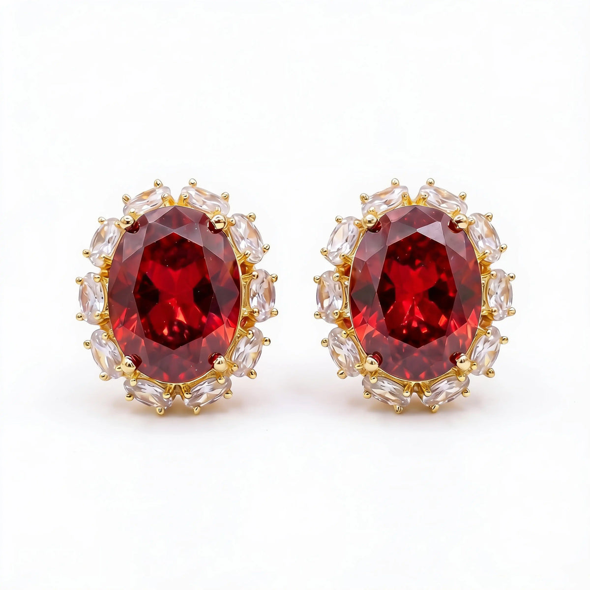 Rouge Oval Crystal Halo Stud Earrings, Gold finish