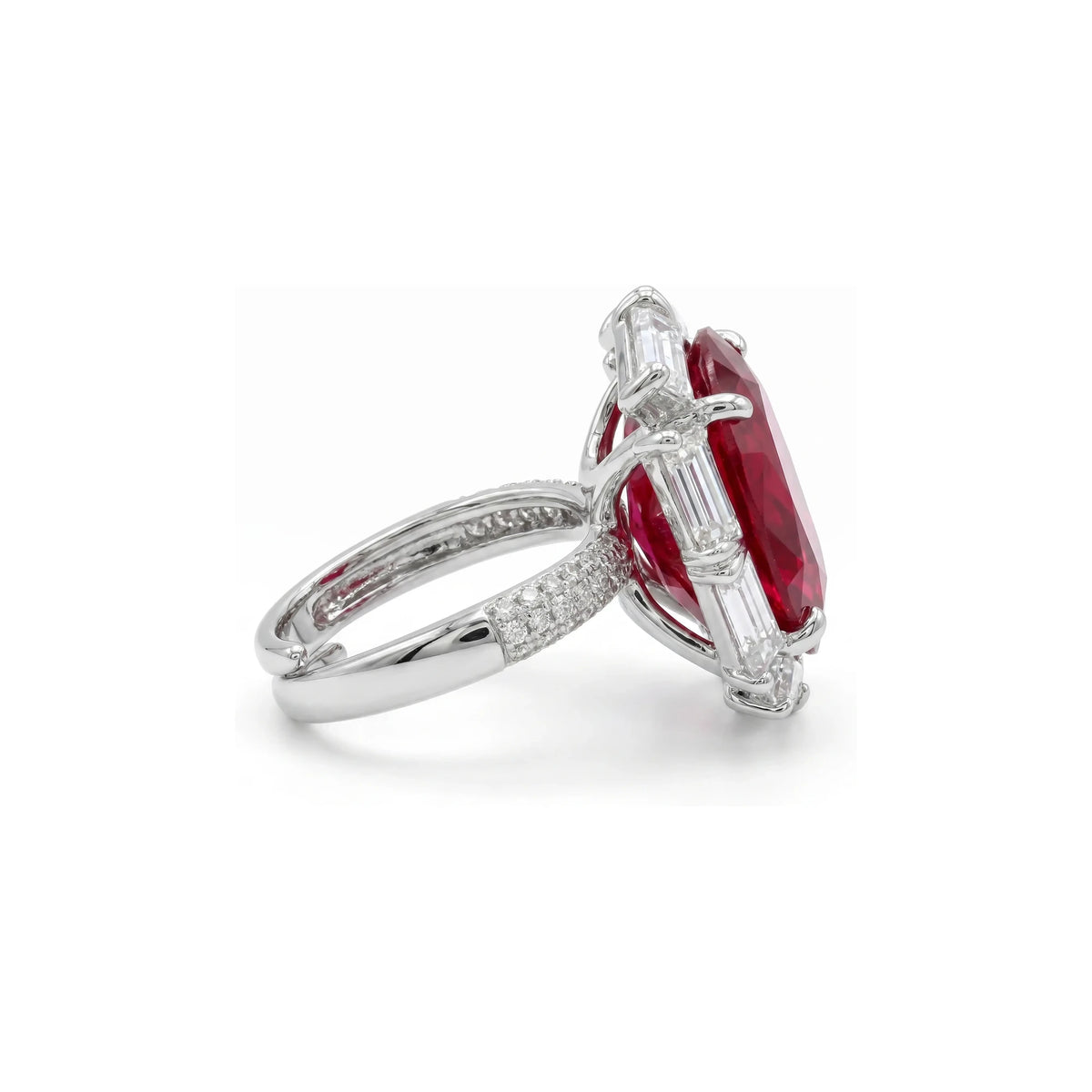 Noctis Red Ruby CZ Oval Cocktail Ring, Rhodium finish