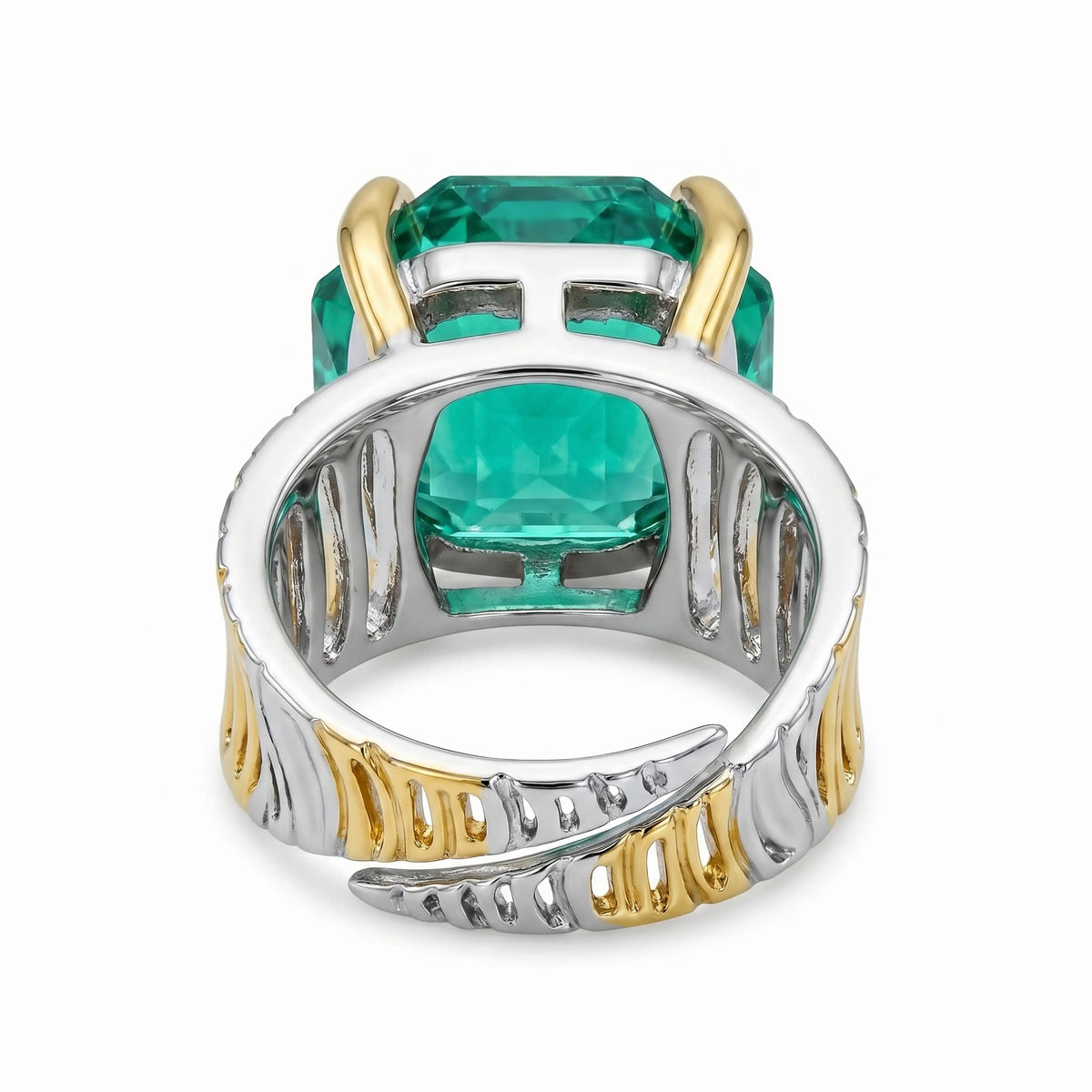 Canvas Crystal Emerald Cut Two-Tone Statement Cocktail Ring, Gold & Rhodium finish