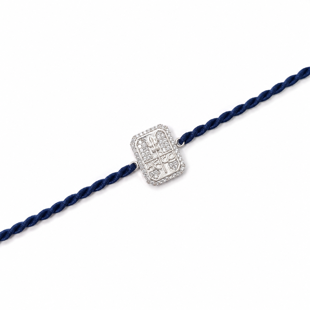 Mahadev Trishul AD Stone 92.5 Silver Rakhi with Navy Blue Cord