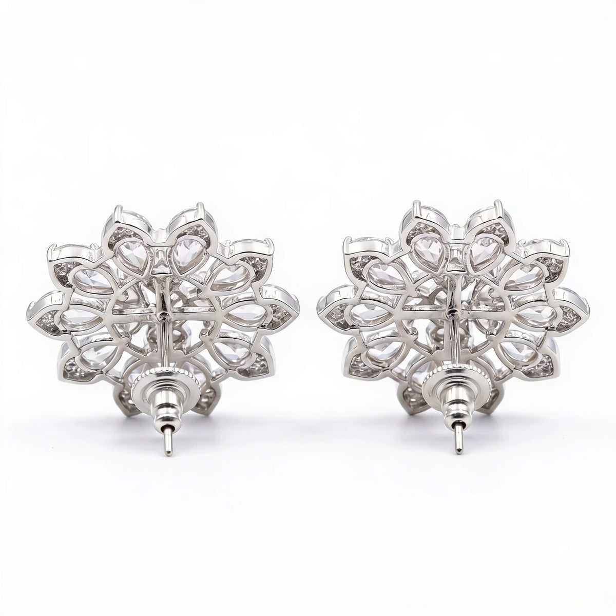 White Crystal Pear Cluster Flower Stud Earrings, Rhodium finish