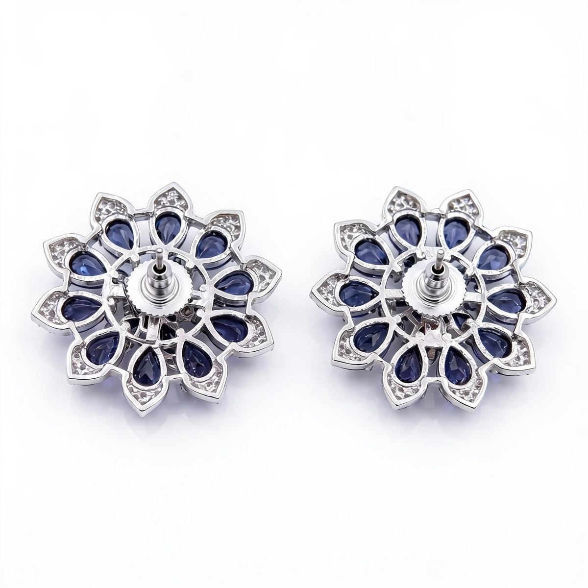 White Crystal Pear Cluster Flower Stud Earrings, Rhodium finish