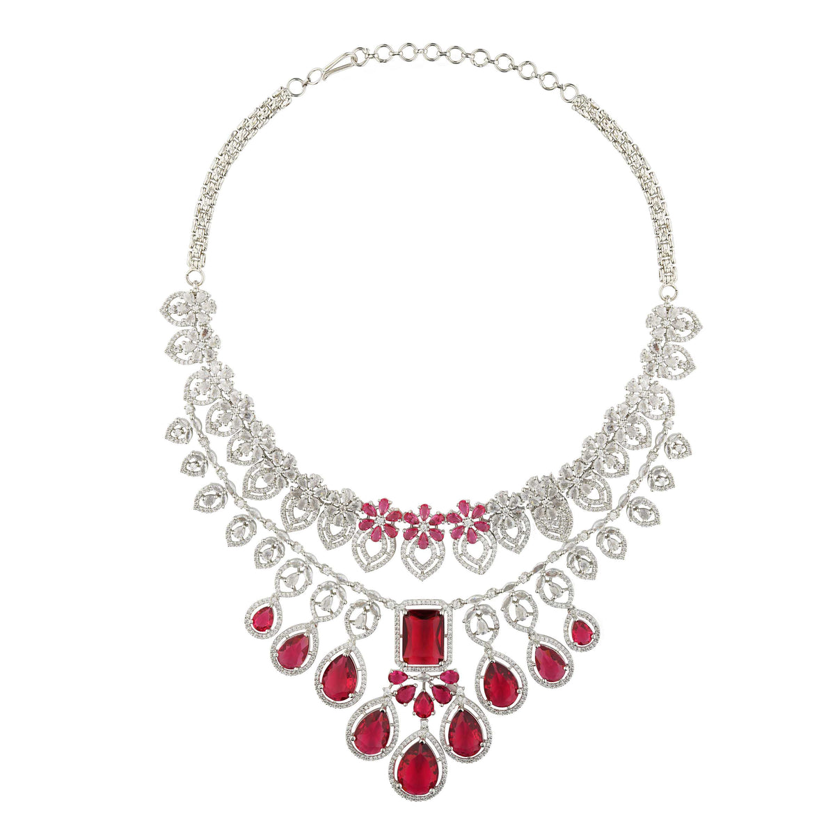 Ruby Russian Cut Rhodium Plated Necklace Set