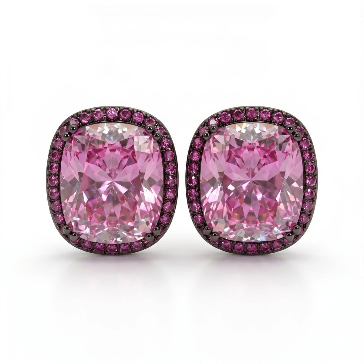 Pink Cushion Halo Stud Earrings