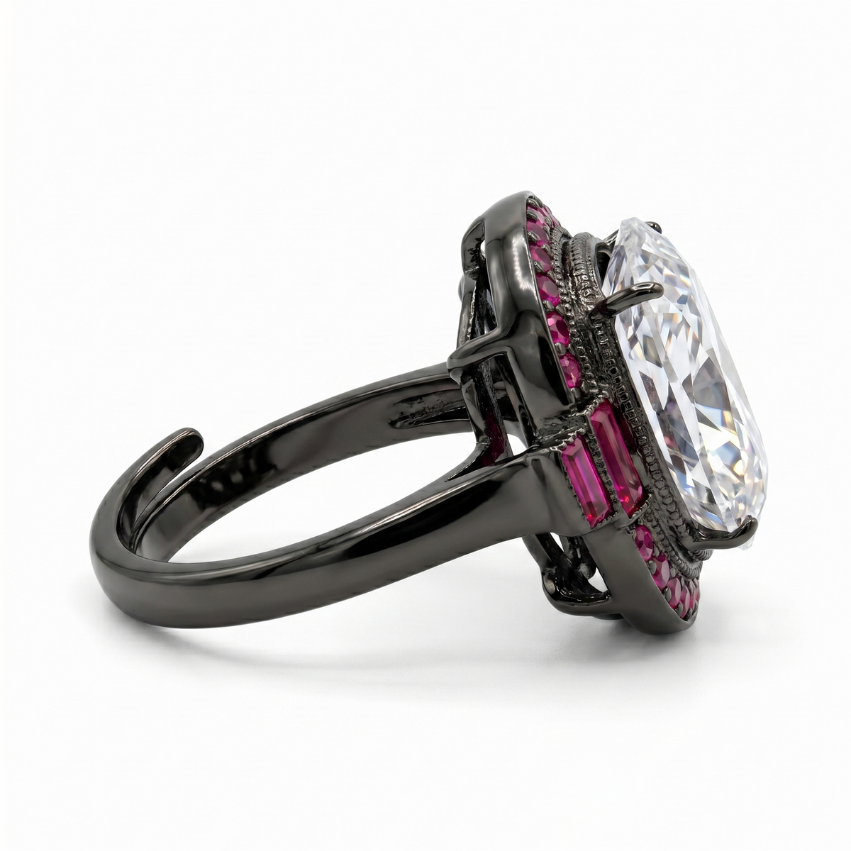 Cadence White Crystal Oval Cocktail Ring with Ruby Halo, Black Rhodium finish