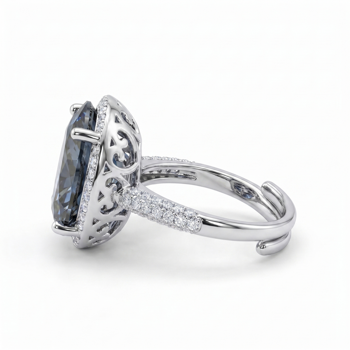 Diana Grey Crystal Cushion Halo Cocktail Ring, Rhodium finish