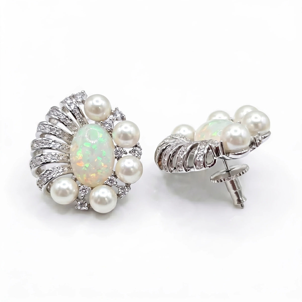 Opal & Pearl Cluster Stud Earrings