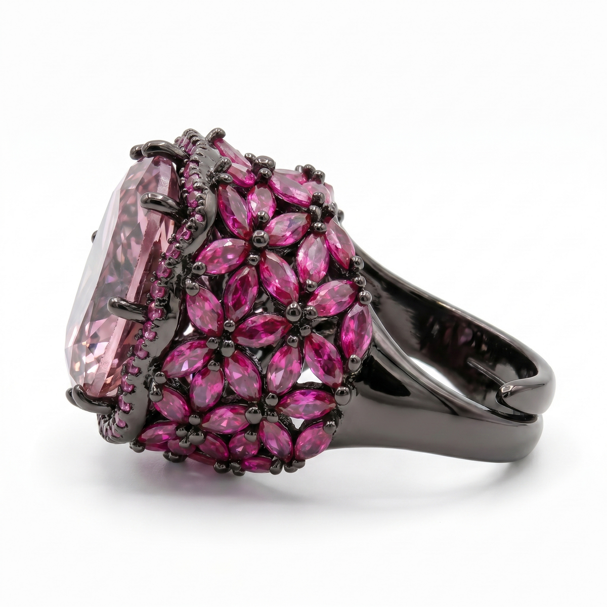 Jardina Ruthenium Crystal Floral Statement Cocktail Ring, Black Rhodium finish