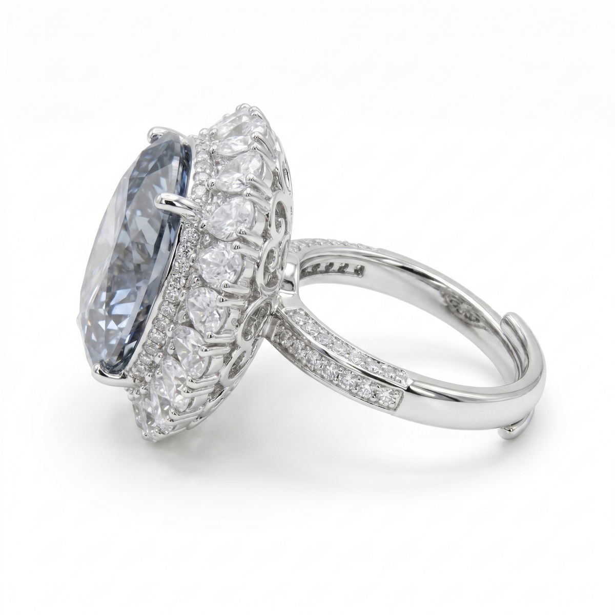 Grey Crystal Oval Halo Statement Cocktail Ring, Rhodium finish