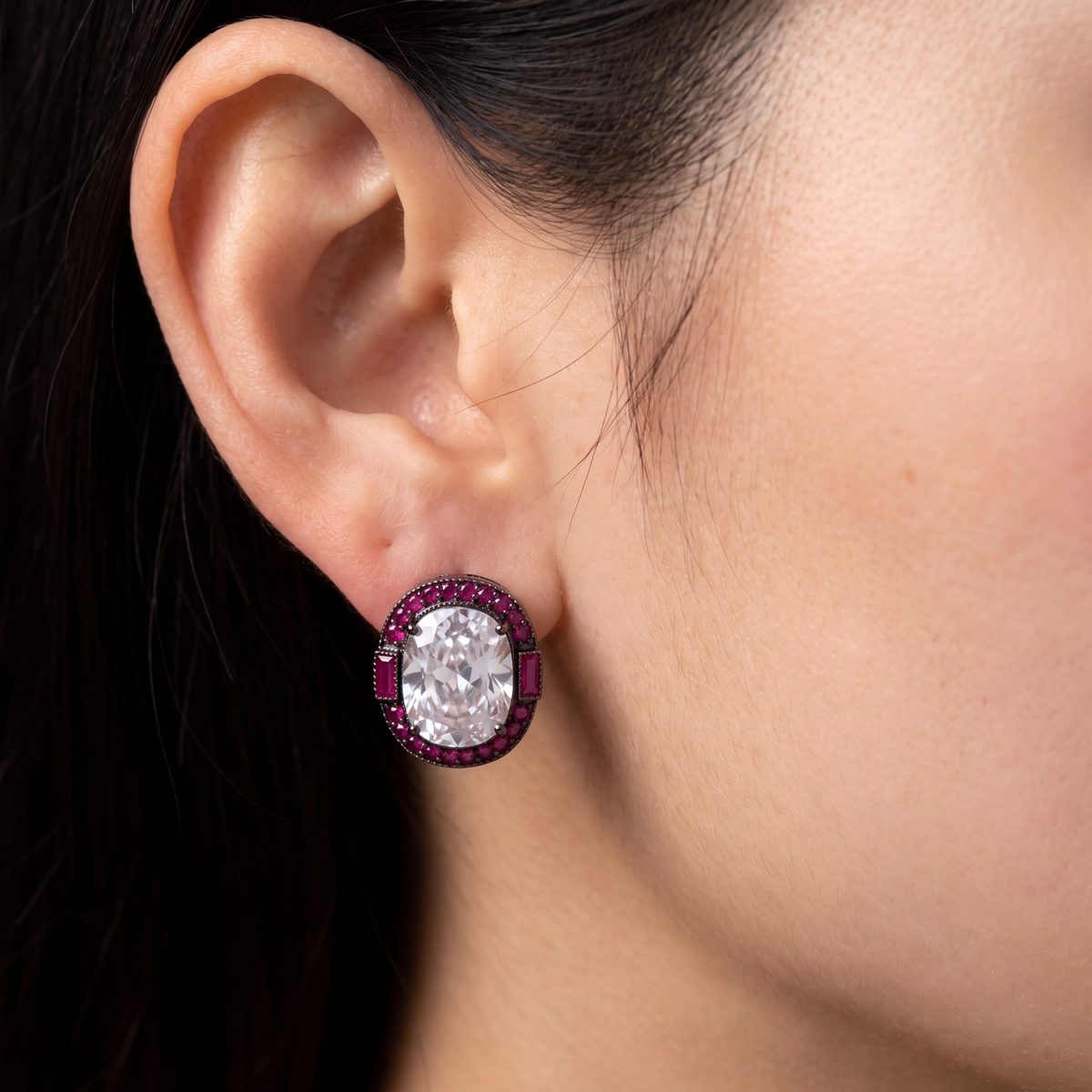 Cadence Oval Solitaire Ruby Halo Stud Earrings