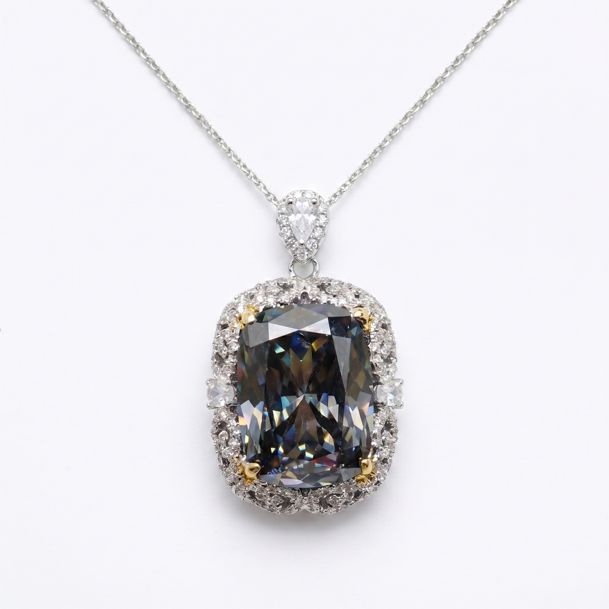 Duetta Grey Crystal Cushion Halo Pendant Necklace, Gold & Rhodium finish