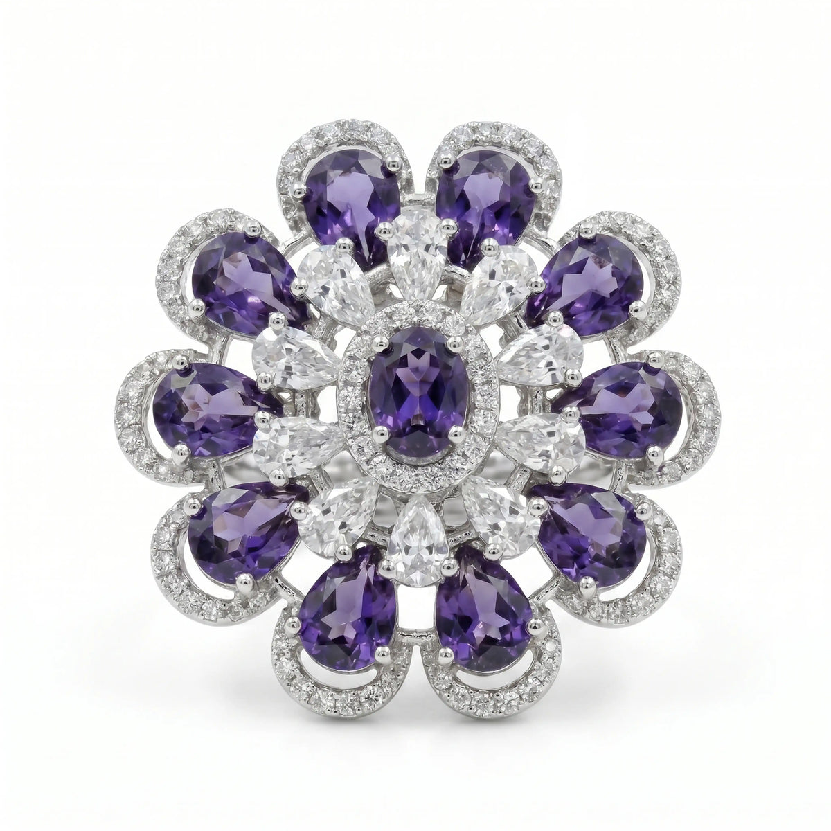 Crystal Oval Floral Cluster Cocktail Ring, Rhodium finish