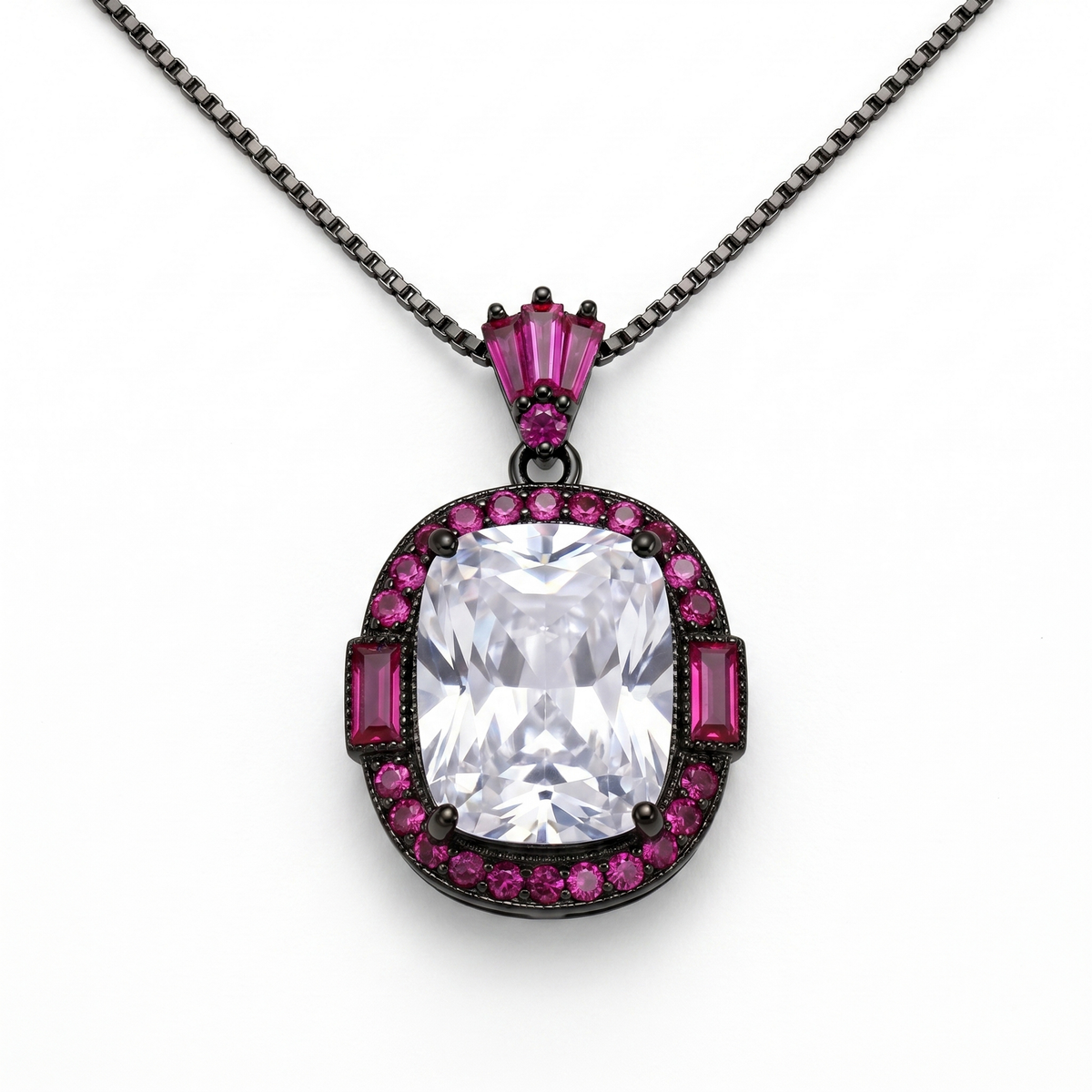 Cadence White & Pink Crystal Cushion Halo Pendant Necklace, Black Rhodium finish
