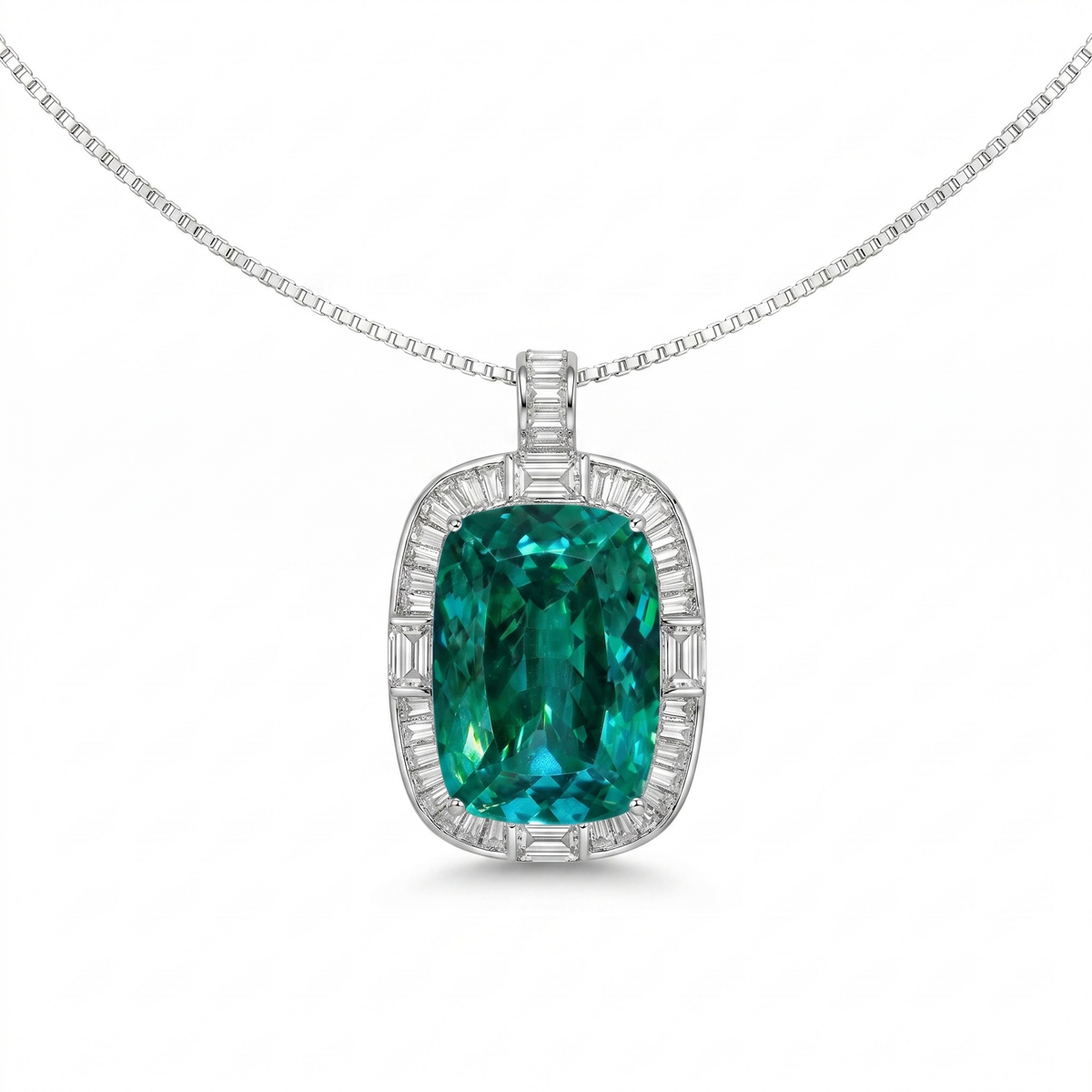 Regalia Green Crystal Cushion Baguette Pendant Necklace, Rhodium finish