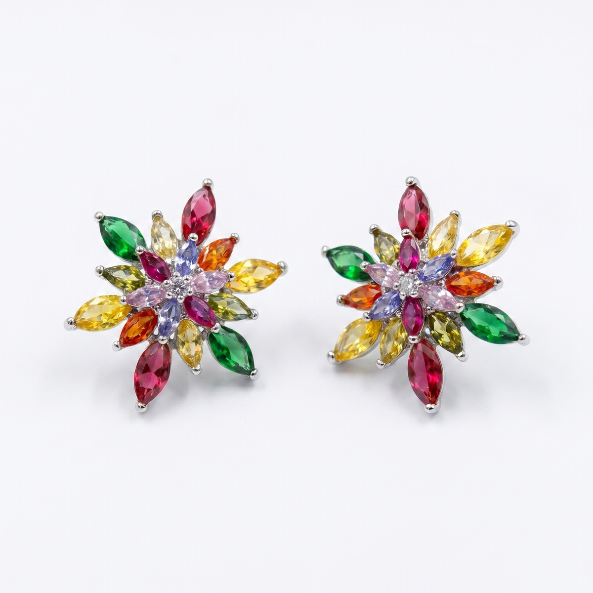 Petalia Multicolour Crystal Floral Cluster Stud Earrings, Marquise cut, Rhodium finish