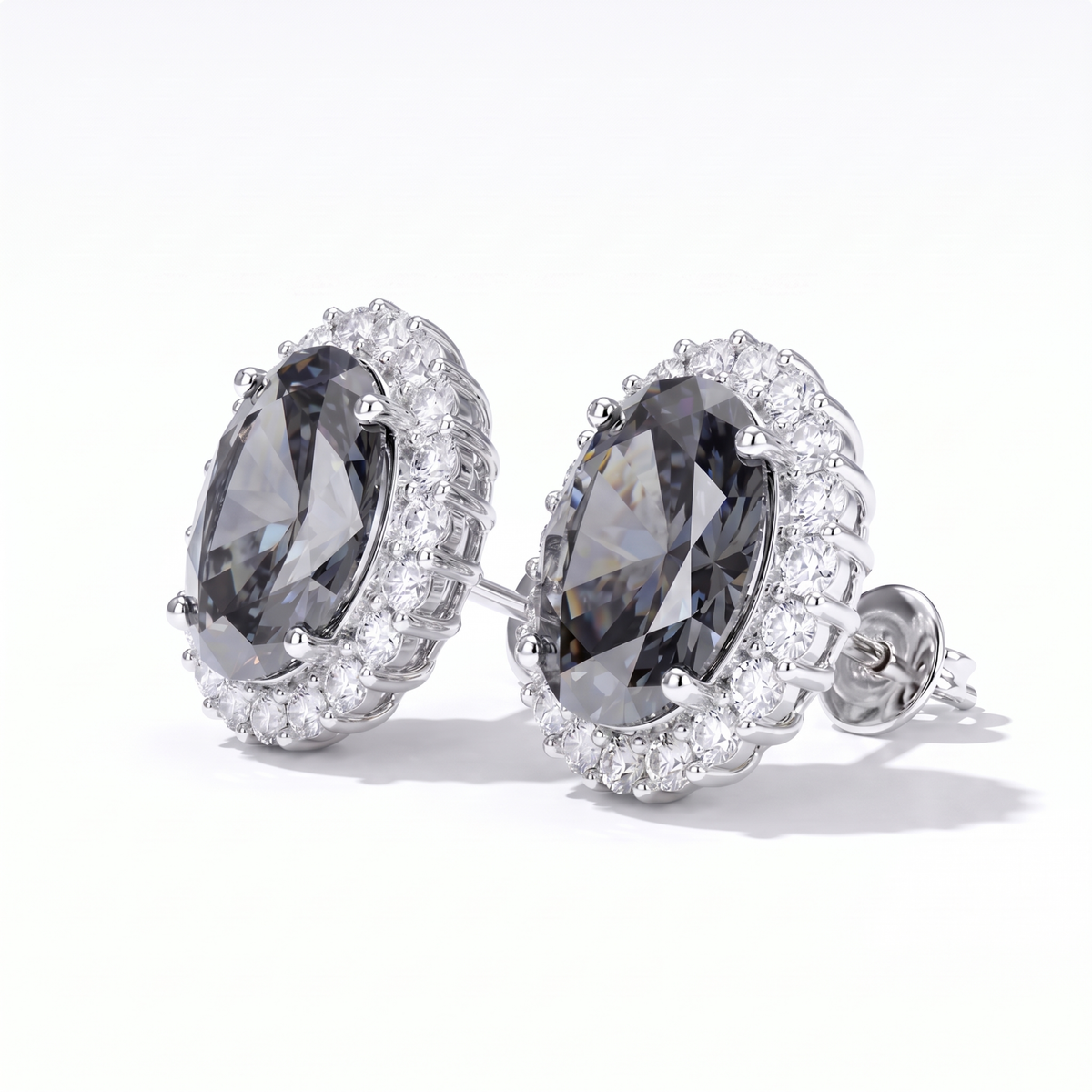 Smoky grey oval halo stud earrings for women - RANGREZ (view 2)