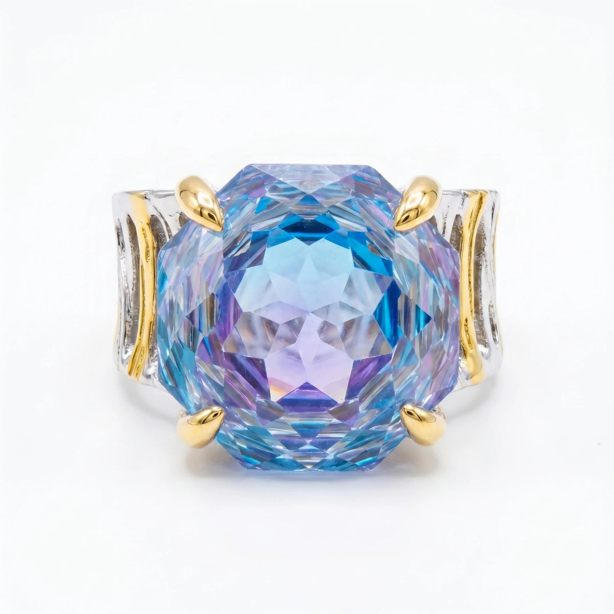 Canvas Crystal Emerald Cut Two-Tone Statement Cocktail Ring, Gold & Rhodium finish