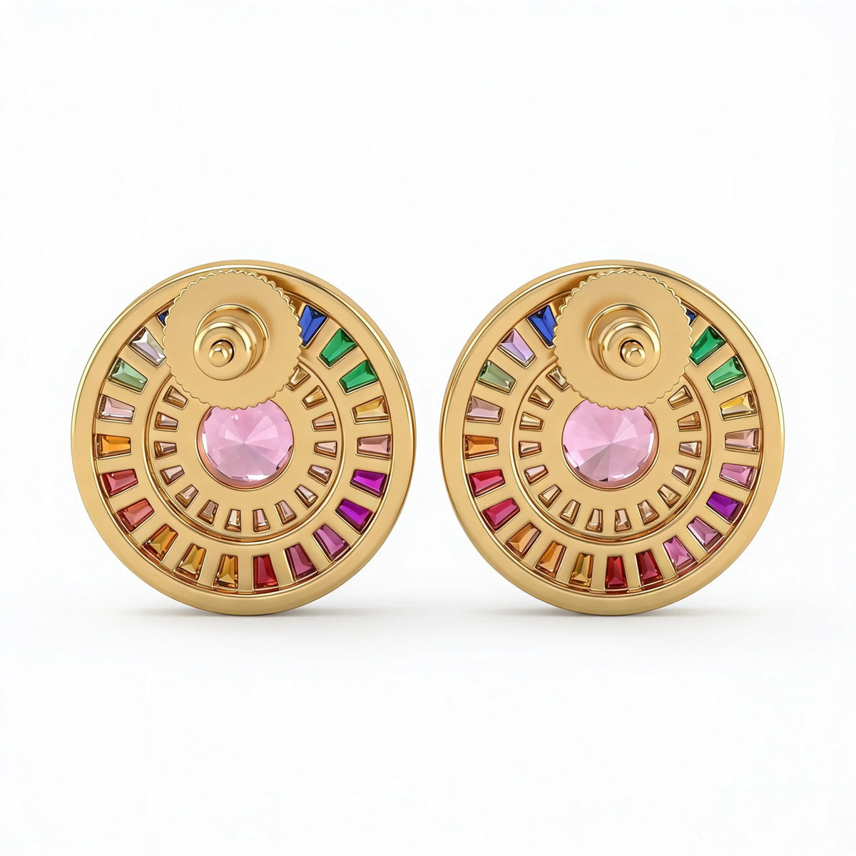 Orbis Multicolour Crystal Round Halo Stud Earrings, Gold finish