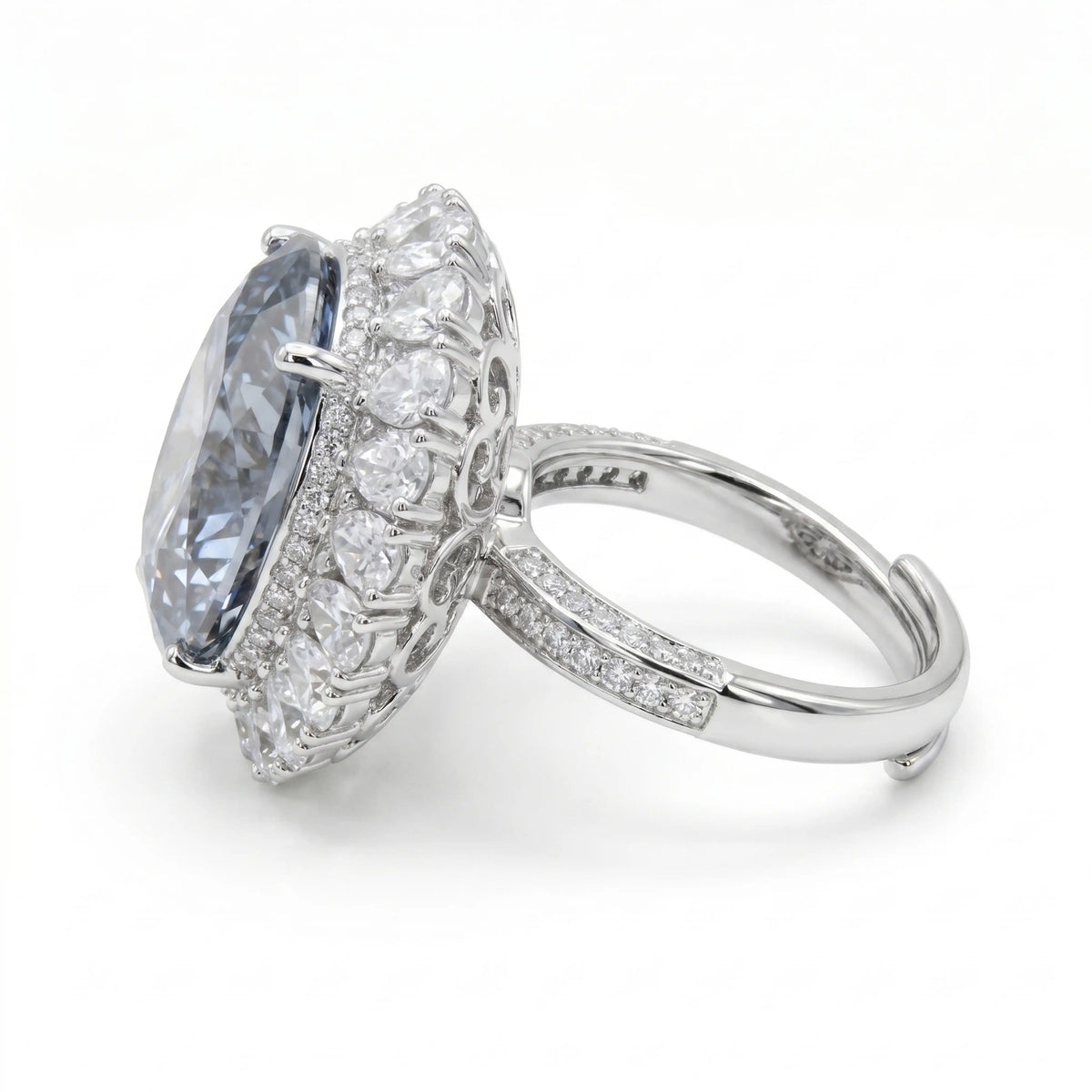 Grey Crystal Oval Halo Statement Cocktail Ring, Rhodium finish