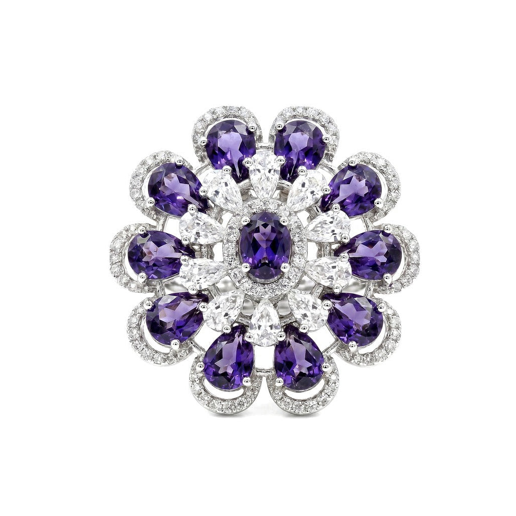 White crystal oval floral cluster cocktail ring for women, rhodium - RANGREZ