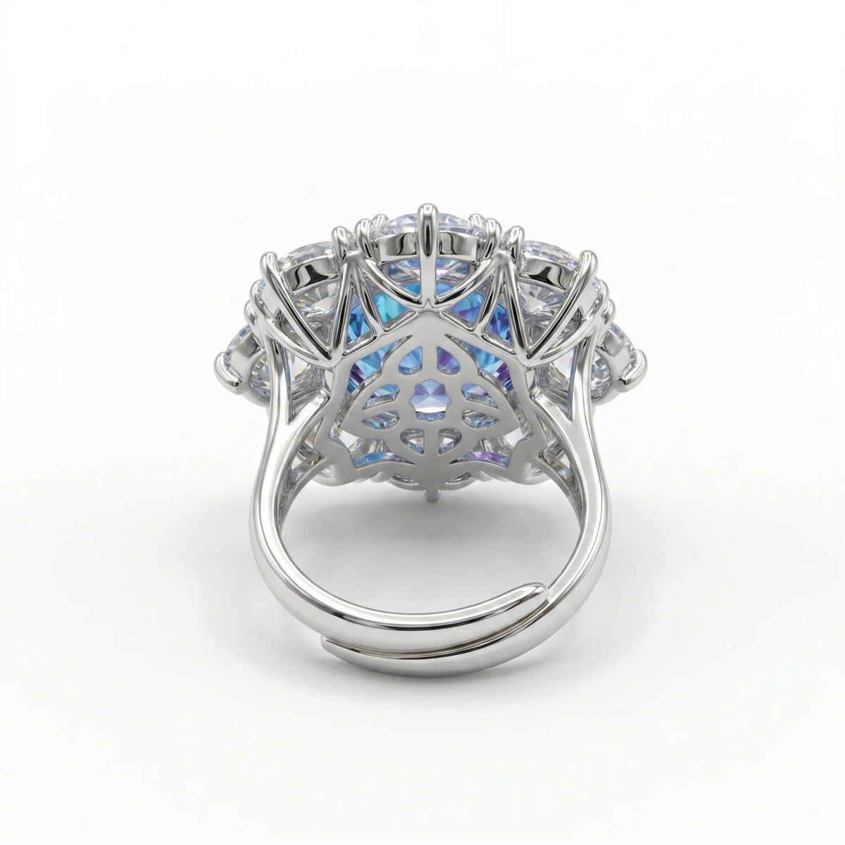 Aurora Crystal Cushion Halo Cocktail Ring, Rhodium finish