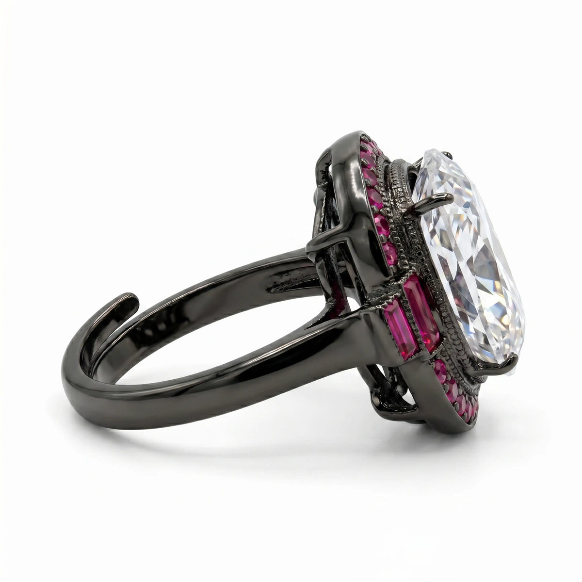 Cadence White Crystal Oval Cocktail Ring with Ruby Halo, Black Rhodium finish
