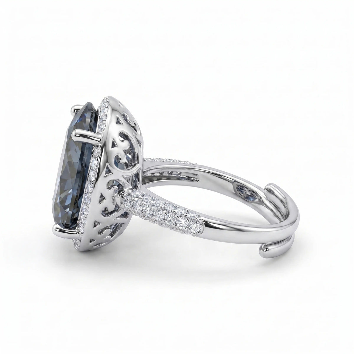 Diana Grey Crystal Cushion Halo Cocktail Ring, Rhodium finish